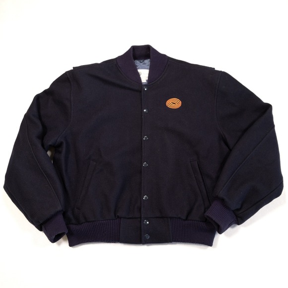 NEST ENTERTAINMENT Mens L Navy Wool Satin Embroidered Logo Varsity Bomber Jacket - Picture 2 of 9
